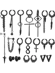 20 Pieces of Stainless Steel Stud Earrings for Men and Women, Black Jewelry Fashion Cool Earrings.