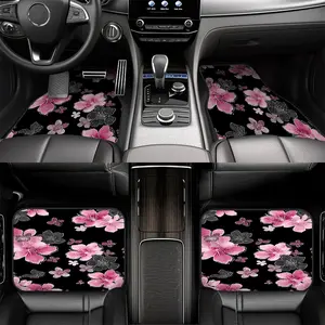 4pcs Car Floor Mats featuring Pink Blossoms on Black Pattern, Compatible with Sedans or SUVs, offering All-Weather Protection and Easy Cleaning, Perfect for Family Travel and Personalized Interior, Girly Car Accessories