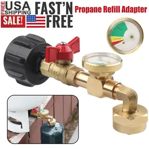 QCC1 Propane Refill Elbow Adapter with Propane Tank Gauge, 90 Degrees Propane Refill Pressure Adapter with ON-Off Control Valve for Camping Grill 1LB Bottle Tank 20-40LBS Cylinder Gas