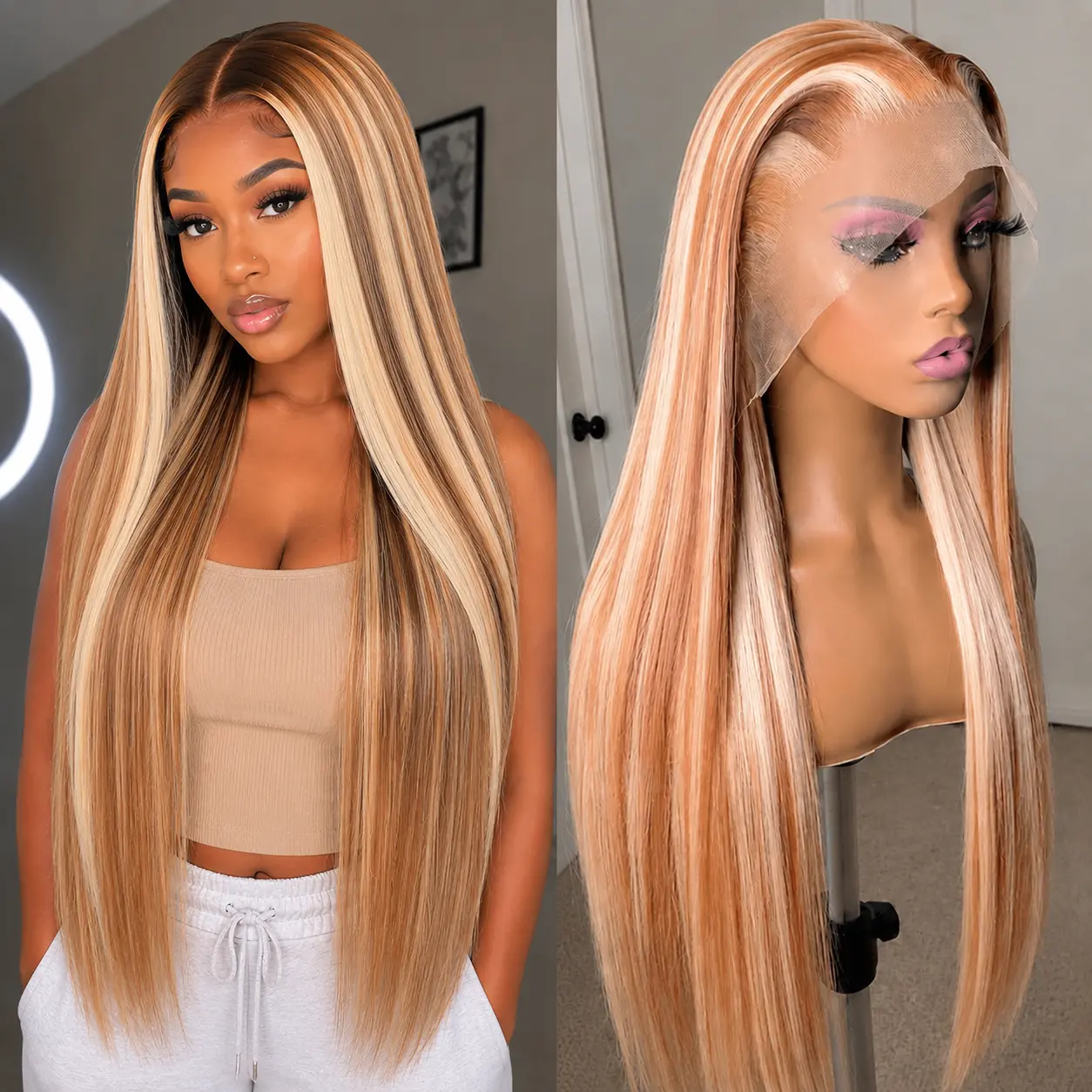 YESWIGS 27/613 Straight HD Lace Front Human Hair Wigs 13x4 Highlight Ombre Wig Honey Blonde Human Hair Lace Frontal Wig Pre Plucked Human Hair Lace Front Wigs For Black Women Colored Human Hair Wigs