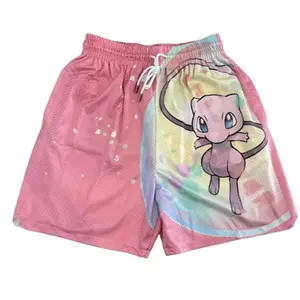 Mew Dreamy Gradient Pink Culture Anime Shorts Unisex Sports Double-Layered Inner Shorts Full Print Drawstring Design Men Women Mesh Basketball Shorts 4 Pockets 5.5 Inseam