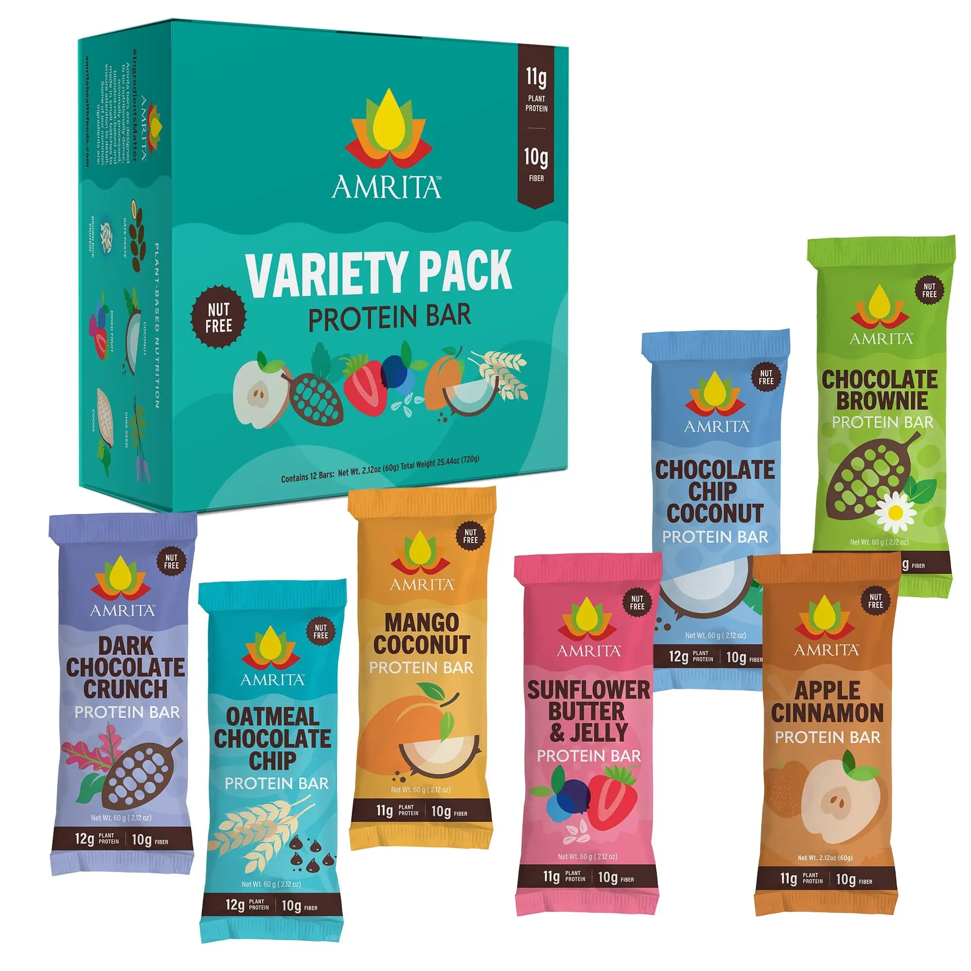 Amrita High Protein & Fiber Bars Variety Pack - 7 Flavors, 11g Plant Protein, 10g Fiber, Nut-Free, School-Safe, Allergen-Friendly, Chocolate, Strawberry, Peanut Tree Chips