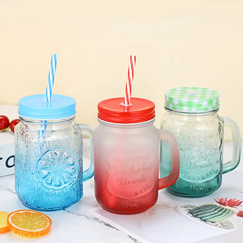 4pcs/6pcs 480ml Glass Cup Set with Straw And Straw Brush, Kitchen Grain Transparent Glass Bottle Embossed Storage Jar with Handle, Suitable for Outdoor Dining, Party, Office, Home Use