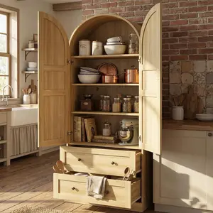 Garvee 72" Arched Kitchen Pantry Cabinet, Wooden Freestanding Storage Cupboard with Doors, Drawers & Adjustable Shelves, Versatile Farmhouse Pantry for Dining and Living Room, Natural