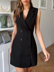 Women's Double Breasted Lapel Collared Sleeveless Blazer Dress, Summer Clothes Women, Solid Collared Button Front Slim Tank Dress, Elegant Women's Dress For Work Office Business