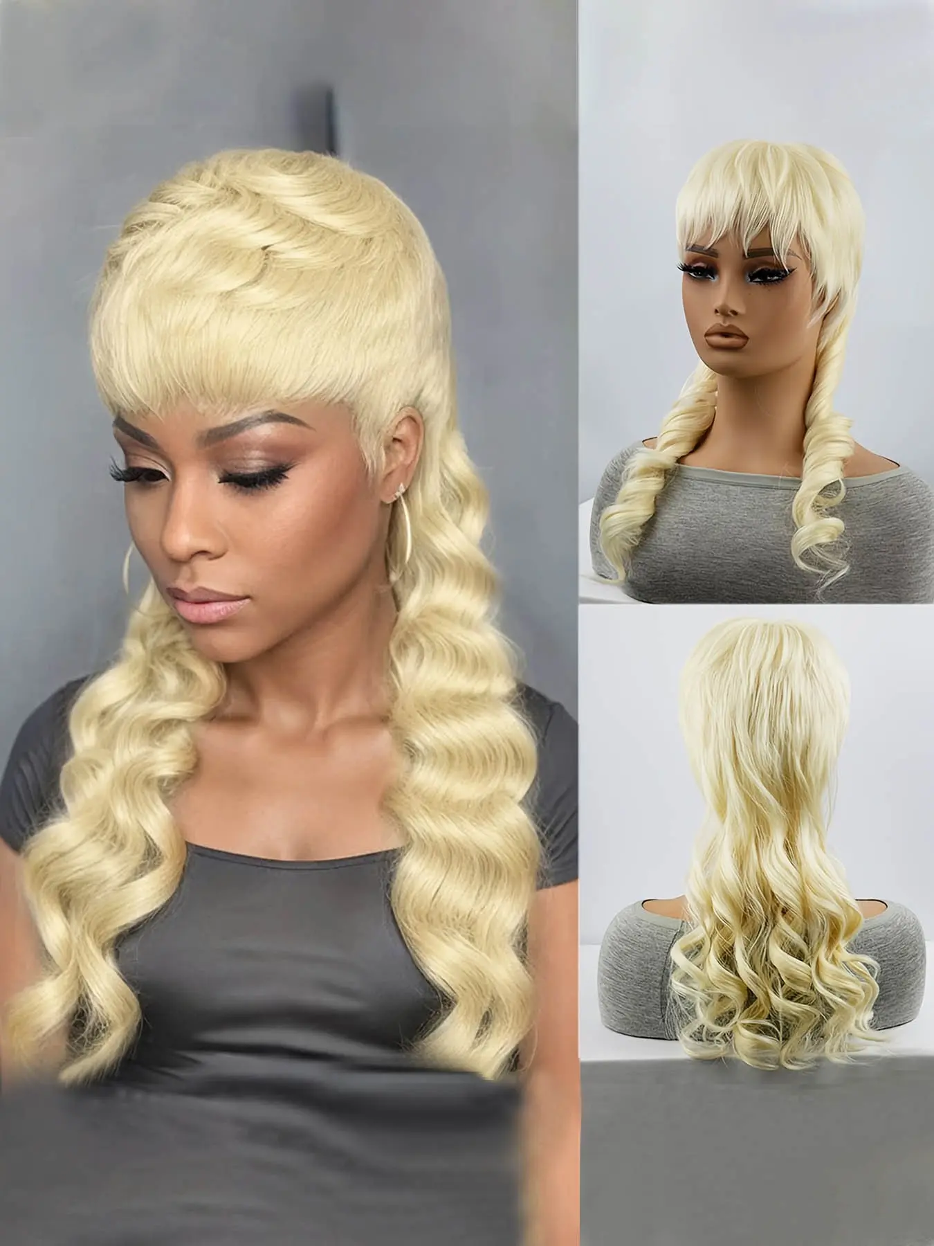 613 Blonde No-Glue Pixie Style Wavy Hair Layered Mullet Wig with Bangs, 70s 80s Heavy Metal Rocker Costume Cosplay Role Play Wig for Halloween, Synthetic Material Wigs, Glueless Wig
