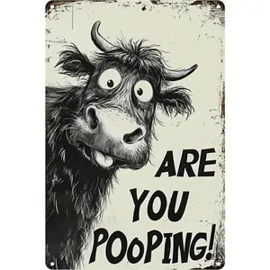 1 pc Vintage Highland Cow Bathroom Decor Sign – Black & White Funny “Are You Pooping?” Aluminum Wall Plaque, 8 x 12 Inch home living room man prayer
