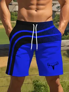 Men's 3D Print Striped Geometric Summer Beach Pants, Adjustable Drawstring Waist, Casual Fitted Shorts for Beach & Summer Outings, Swimming Trunks, Swimwear Shorts