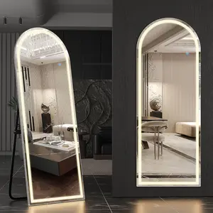 LED Full Length Floor Mirror with Stand (60-71 in), 3-Color Dimmable Lighting, Arched/Rectangular Design, White Home Decor Mirror for Bathroom, Bedroom