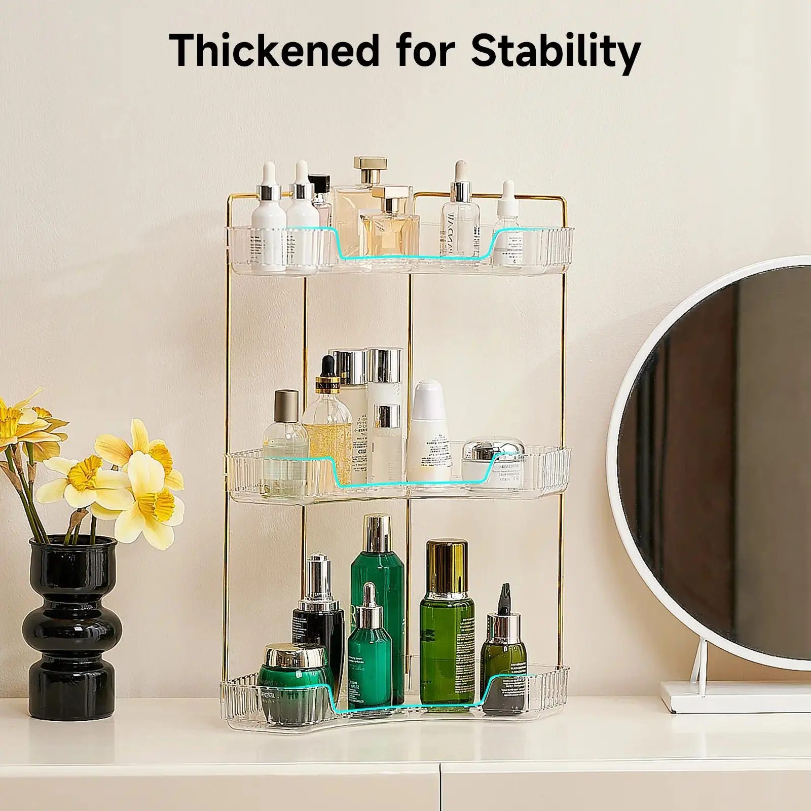 3-tier corner bathroom countertop storage organizer, transparent countertop shelf rack, cosmetic and perfume tray stand with a gold metal rod, Bathroom Essentials Accessories, suitable for dressing tables and kitchen use, Bathroom Organizers