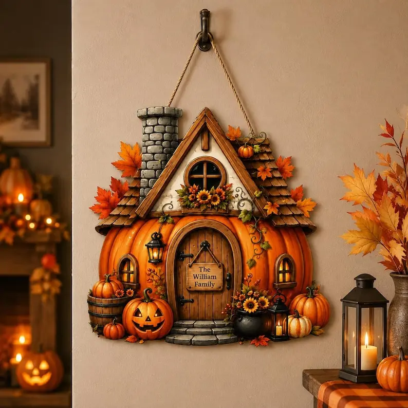 Personalized Halloween Pumpkin House Wooden Door Sign, Custom Family Name Door Hanger, Cottage Front Door Decor, Fall Pumpkin Home Sign