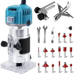 800W Compact Wood Router Tool, Handheld Palm Routers for Woodworking with 6 Variable Speed,Electric Trimmer Wood Router with 15pcs 1/4" Router Bits,Wood Router for DIY Woodworking Handicraft