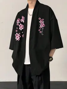 Men's Cherry Blossom Print Open Front Kimono, Casual Comfy Breathable 3/4 Sleeve Top for Summer, Fashion Men's Clothes for Daily Wear, Gamis, Menswear