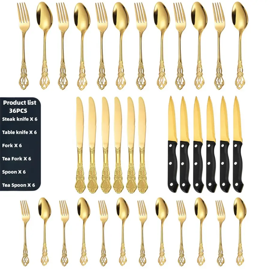 Royal Collection 36-Piece Stainless Steel Cutlery & Dinnerware Set for 6 People - Gold/Silver, Knives, Forks, Spoons, Teaspoons, Dessert Forks, Steak Knives, Dishwasher Safe, Ideal for Home, Parties