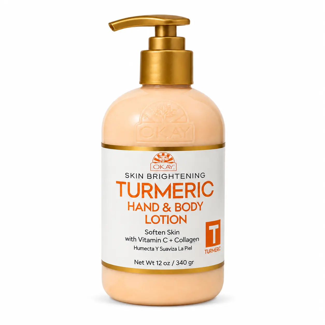 Okay Turmeric Brightening Hand & Body Lotion - Daily Moisturizer for Smooth Skin, Dark Spots & Acne, with Vitamin C & Collagen, 12 oz, Body Care, Sensitive, Restore, Lightweight, Moisturizing, Smoothing, Arachidyl Glucoside sohochic