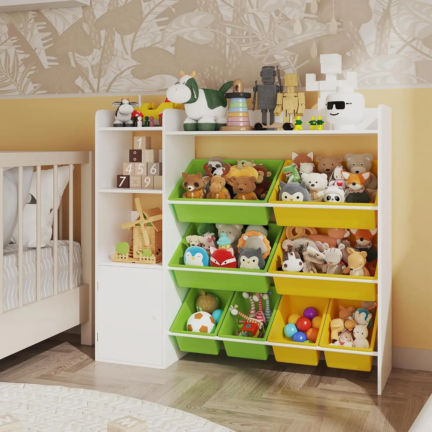 Kids' 100% Wood 4-Tier Extra Wide Toy Storage Organizer Cabinet - 9 Plastic Bins, 6 Storage Ports, Child-Safe, Montessori-Aligned, Stable for Active Kids' Bedrooms Organizing Needs, Storage Organization