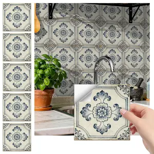 24PCS/Box FHZ Blue Vintage Floral Art Tile Sticker | Matte PET Peel-and-Stick Removable Decorative Backsplash | Elegant Kitchen Backsplash Decor