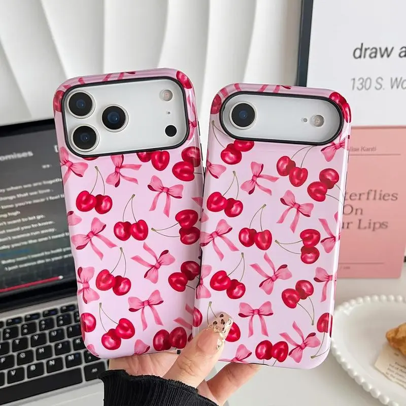 Phone case For iphone 17 pro case iphone 16 pro max case 15 14 13 12 11 & Samsung S25 S24 S23 Ultra Fe Features adorable pink cherry bow design Constructed with shock-absorbing ultra-thin soft TPU and hard PC materials Designed