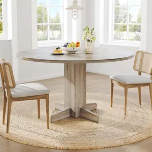 Garvee 47 Inch Round Farmhouse Dining Table for 4 with Sturdy Wood Pedestal, Space-Saving Design, Easy Assembly, Ideal for Kitchen, Dining Room, or Living Room in Grey Finish