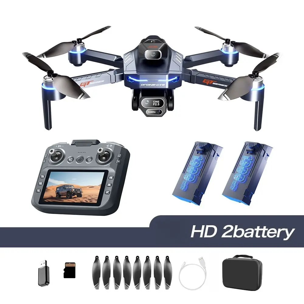 GT8 drone with large screen remote control (12.5cm display), intelligent obstacle avoidance, brushless motor, 20-minute flight time, HD adjustable camera, 5x zoom, long-range shooting, foldable design, comes with two batteries, suitable for adults. flying