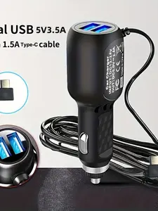 Car Charger GPS 3.5m Cable 5V3.5A Charging 2USB Output Dual Port Charger, Car Charger Fast Charging Charger Mini Right Type C Power Cord Cable for Car