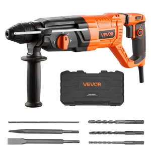 VEVOR Rotary Hammer Drill, 1-1/8 in SDS-Plus Electric Corded Heavy Duty Rotary Hammer, 4 Functions, Including 3 Drill Bits, Flat Chisel, Pointed Chisel, and Carrying Case, for Concrete and Masonry
