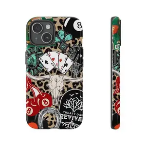 Western Leopard Steer Skull Turquoise Playing Cards Country Rebel Tough Phone Case Shockproof Heavy Duty Drop Protection Durable Hard Cover for iPhone 11 12 13 14 15 16 17 Pro Max Plus