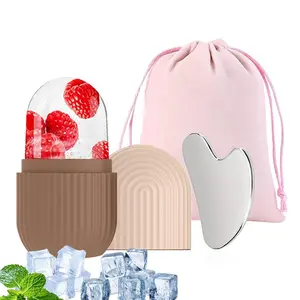 Manual Face Massage Tool Set, 3 Counts/set Silicone Ice Cube Mold & Stainless Steel Gua Sha Board & Drawstring Bag, Reusable Leak Proof Ice Roller for Face, Face Lifting Roller