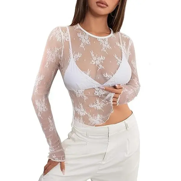 MEROKEETY Womens 2026 Long Sleeve Lace Sheer Mesh Tops Undershirt Sexy See Through Going Out Crewneck Blouse Shirts Clothes