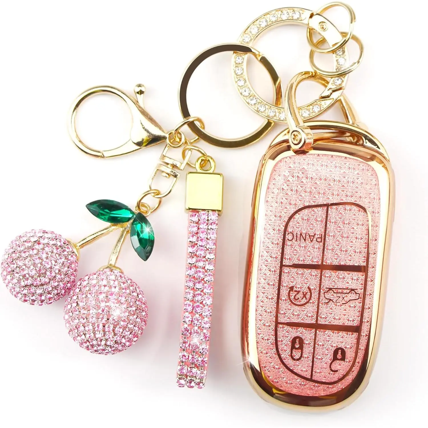 Sparkly Key Fob Cover with Cherry Keychain, Bling TPU Smart Key Case for Women, Compatible with Dodge Charger Challenger Durango,Jeep Wrangler Patriot Grand Commander (5-Button, Gold Pink)