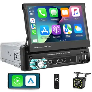 Single Din Flip Out Screen Car Stereo with Wireless Carplay and Android Auto, 7 inch 1 Din Touch Screen Radio Support Bluetooth/SWC/USB/FM + Backup Camera + Mic + Remote Control
