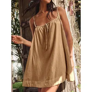 Imily Bela Women's Linen Spaghetti Strap Backless Cami Mini Dress, Summer Beach Swimsuit Coverup with Tie-Back Design and Pockets