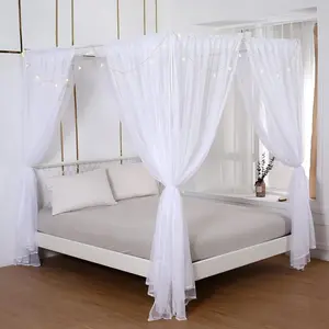 Princess Canopy Bed Curtains with Lights for Queen Size Bed Drapes, 8 Panels Canopies with Lights, Room Decor (Full/Queen, White)