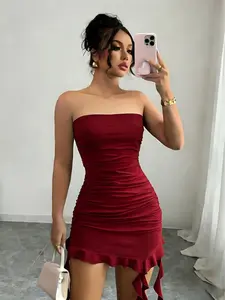 Elegant French Style Burgundy Sleeveless Dress, Asymmetrical Hem, Slim-Fitting, Perfect for Parties, Beach, Music Festivals, Summer