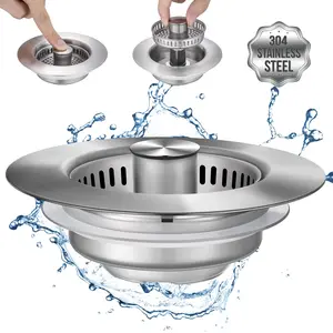 3 in 1 Kitchen Sink Drain Strainer, Stainless Steel Sink Stopper, Anti-clogging Drainage Odor Filter Sink Plug, Drain Protector for US Standard 3 1/2 Inch Drain, Home Goods