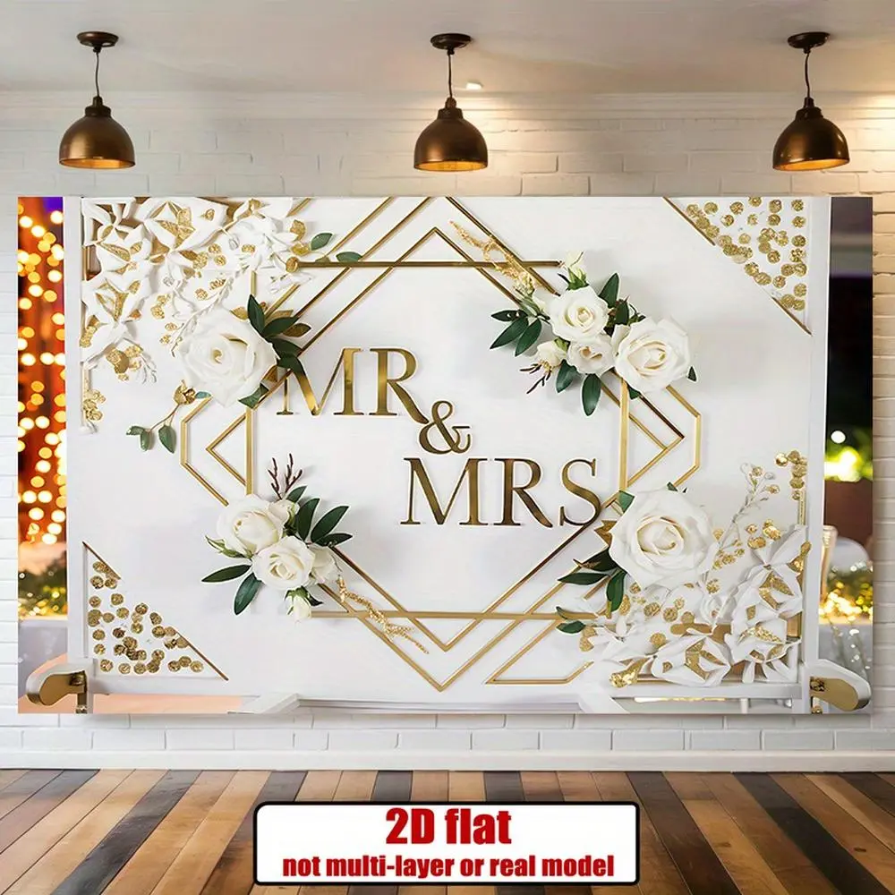 1pc Reusable Elegant White Flowers "Mr & Mrs" Party Banner - Flat 2D Polyester Backdrop with Golden Accents, Ideal for Wedding Announcements, Home Wall Decor