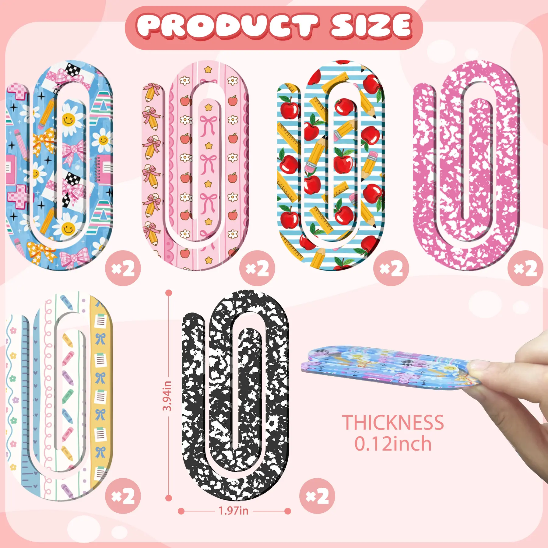 12 Pcs Jumbo Acrylic Paper Clips Set - 5 x 10 cm, 3 mm Thick Cute Teacher Theme Planner Bookmarks, Oversized Ruler Page Markers for Back to School Office Stationery Supplies, 12 Pieces, 12-Piece Teacher Set (6 Styles X 2)