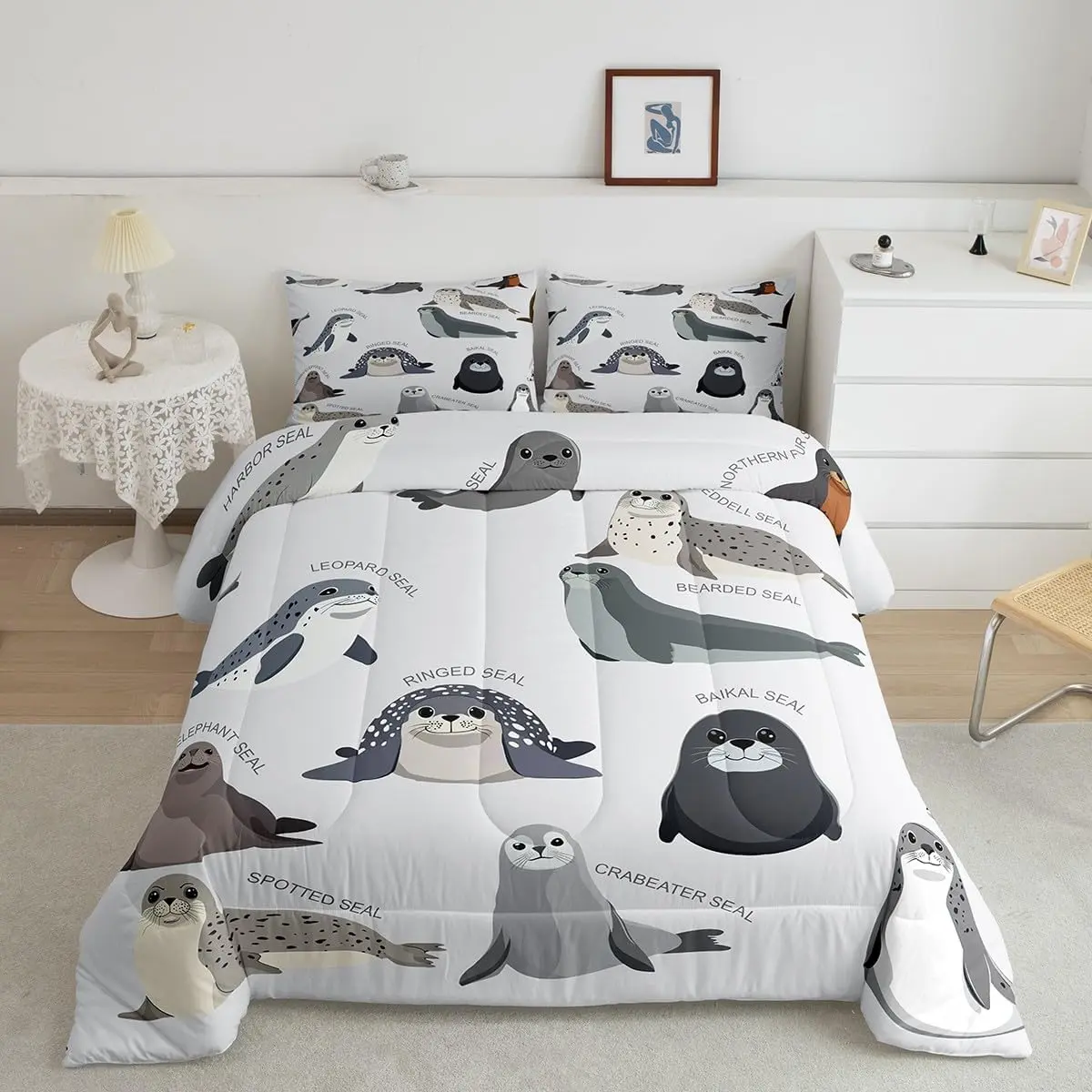 3D Digital Print Cartoon Seal Animal Quilt Set - Cute Ocean Theme Duvet, Cozy Aesthetic Sea Creature Home Decor, Breathable Bedspread Set Queen, Comfy Bedding Comforter