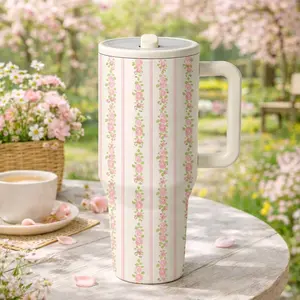 1 Pc insulated mug, 40oz thermal mug, double wall vacuum cup, leak proof lid, Leak Resistant Tumbler, keeps hot 12 hours cold 24 hours, large capacity skinny tumbler with handle, floral striped design, coffee tea travel mug, gift for women men