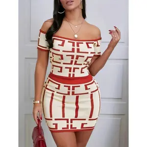 Women's Geometric Pattern Knitted Skirt Suit, off-the-Shoulder Top with Skirt, Casual Polyester 100% 180G/Square Meter, Spring and Autumn Season, Two-Piece Clothing Fabric Womenswear