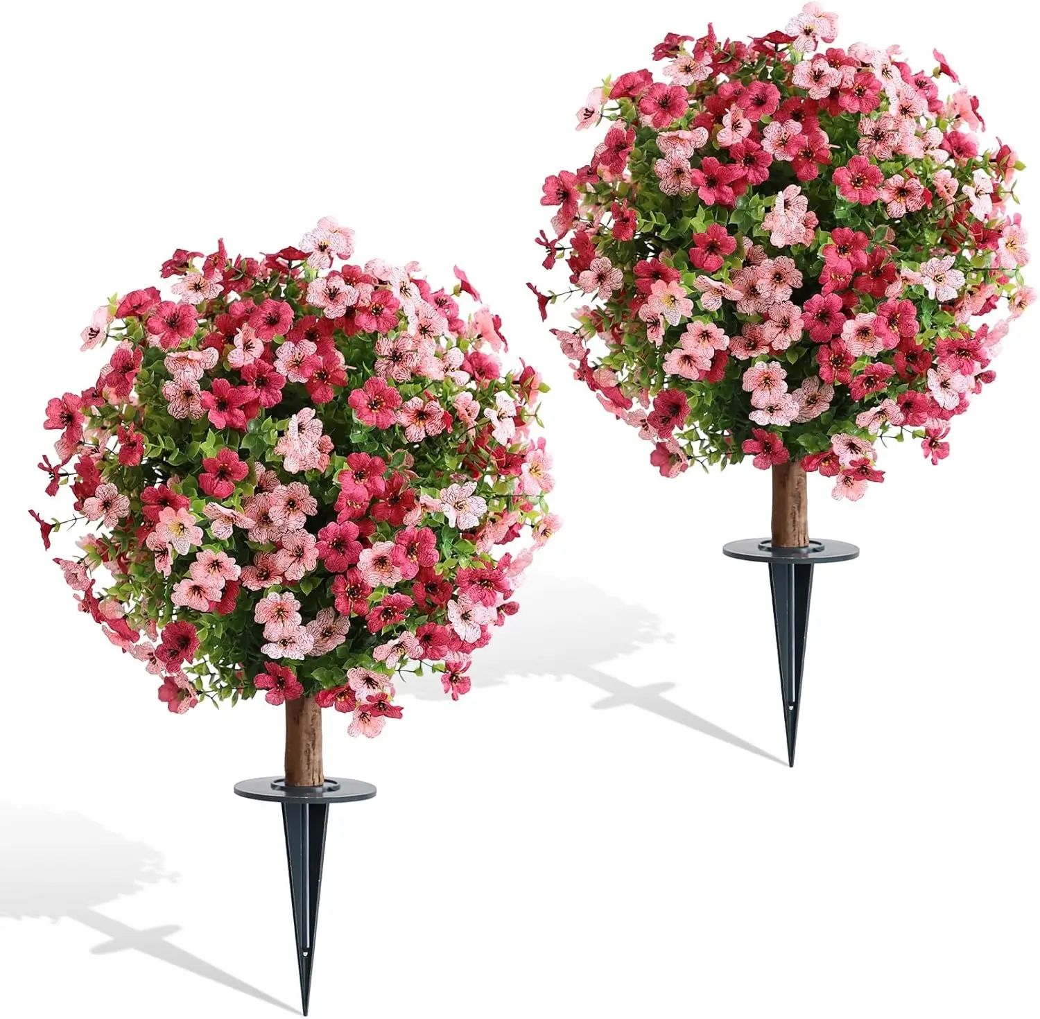 Set of 2 Artificial Boxwood Topiary Balls with Pink & Yellow Mums – 24" Tall Faux Plants with Ground Spikes for Farmhouse Porch, Garden, and Home Decor