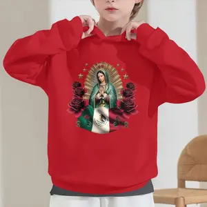Girls' Mexican Folk Art & Our Lady of Guadalupe Hooded Sweatshirt - Grey Casual Winter Sweater with Spanish Flag Colors, Warm Catholic Icon Print for & Casual Attire