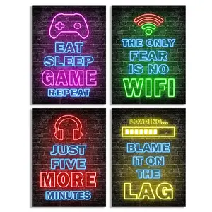 Gaming Themed Neon Sign Wall Art, 4 Counts/set Gaming Decor Neon Sign Wall Painting, Wall Art for Home Living Room Bedroom Dining Room Dorm