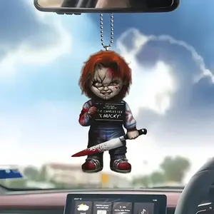 Cartoon Anime Chucky Figure Toy Rearview Mirror Acrylic Pendant Halloween Horror Doll Kids Collectible Ornament Accessories