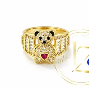 COD#1028  Bear Ring with Clear Zircon and Red Heart Women's Gold Tone Fashion Jewelry Unique Accessory for Stylish Outfits