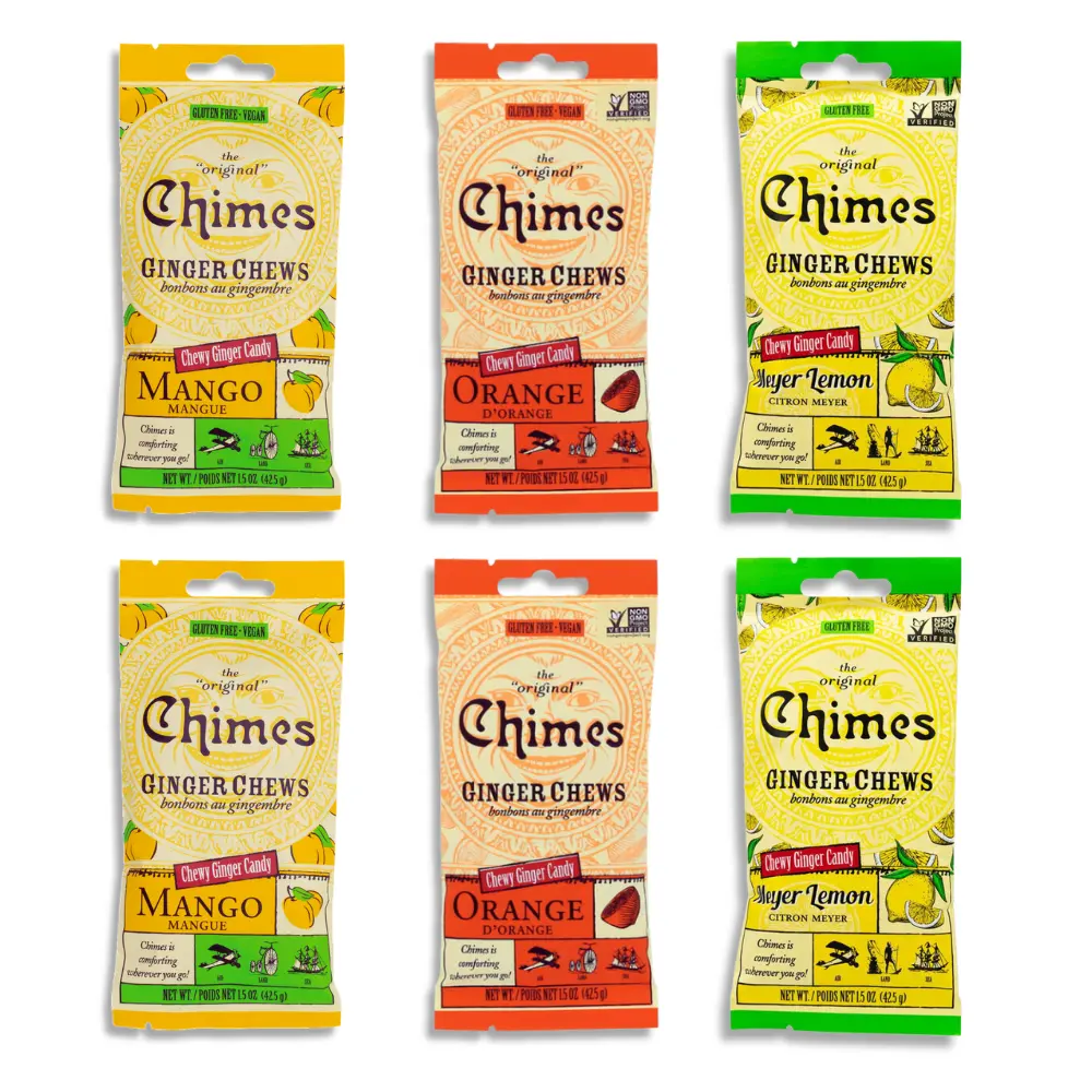 Chimes Ginger Chews Variety Pack of 6 Bundle - 2 of each (Mango, Orange & Lemon) 9 oz total Vegan Gluten Free Organic Ginger Chews for Nausea, Morning Sickness, Motion Sickness, Sore Throat Relief
