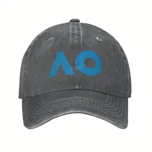 Vintage Australian Open AO Logo Baseball Cap - Distressed Black Denim Snapback Hat for Men  Women, Soft  Breathable for Tennis, Fitness  Outdoor Summer Wear, Outdoor Headgear  Logo Snapback  Viscose Material