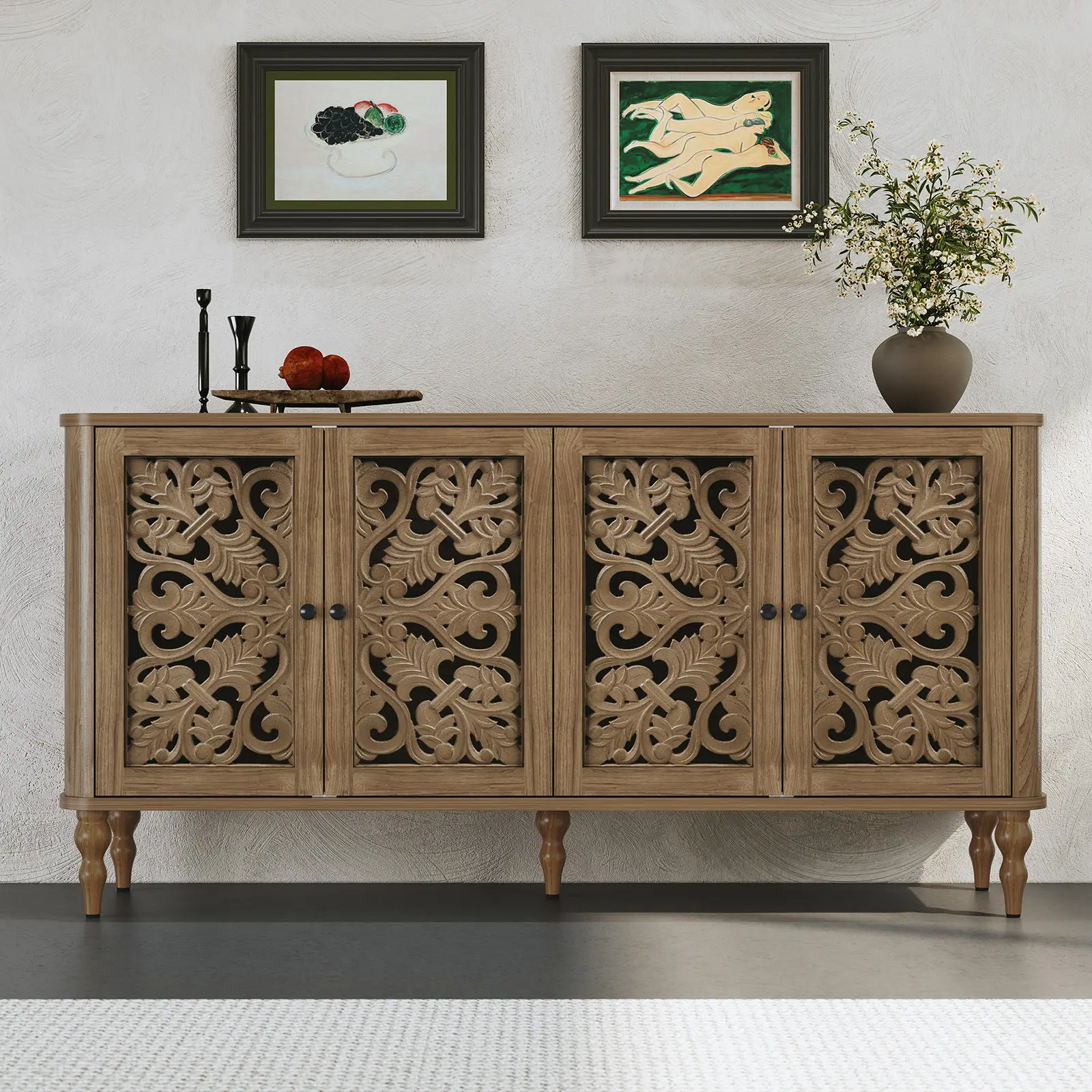 【Summervibes】Vintage Aesthetic 63" Solid Wood Sideboard Cabinet - Extra Large Storage Buffet with Arc Carving, Sturdy & Easy to Assemble, Perfect for Living Room, Dining Room as TV Credenza