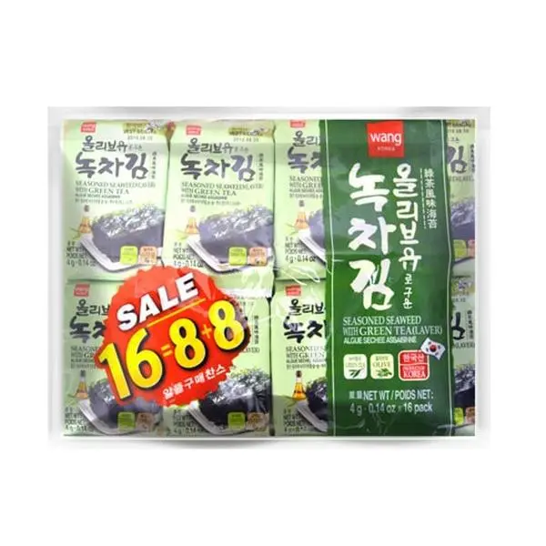 WANG FOOD Korean Roasted Seaweed Snacks - Green Tea Flavor, Value Pack 16 Pouches WANG FOOD Korean Roasted Seaweed Snacks - Green Tea Flavor, Value Pack 16 Pouches