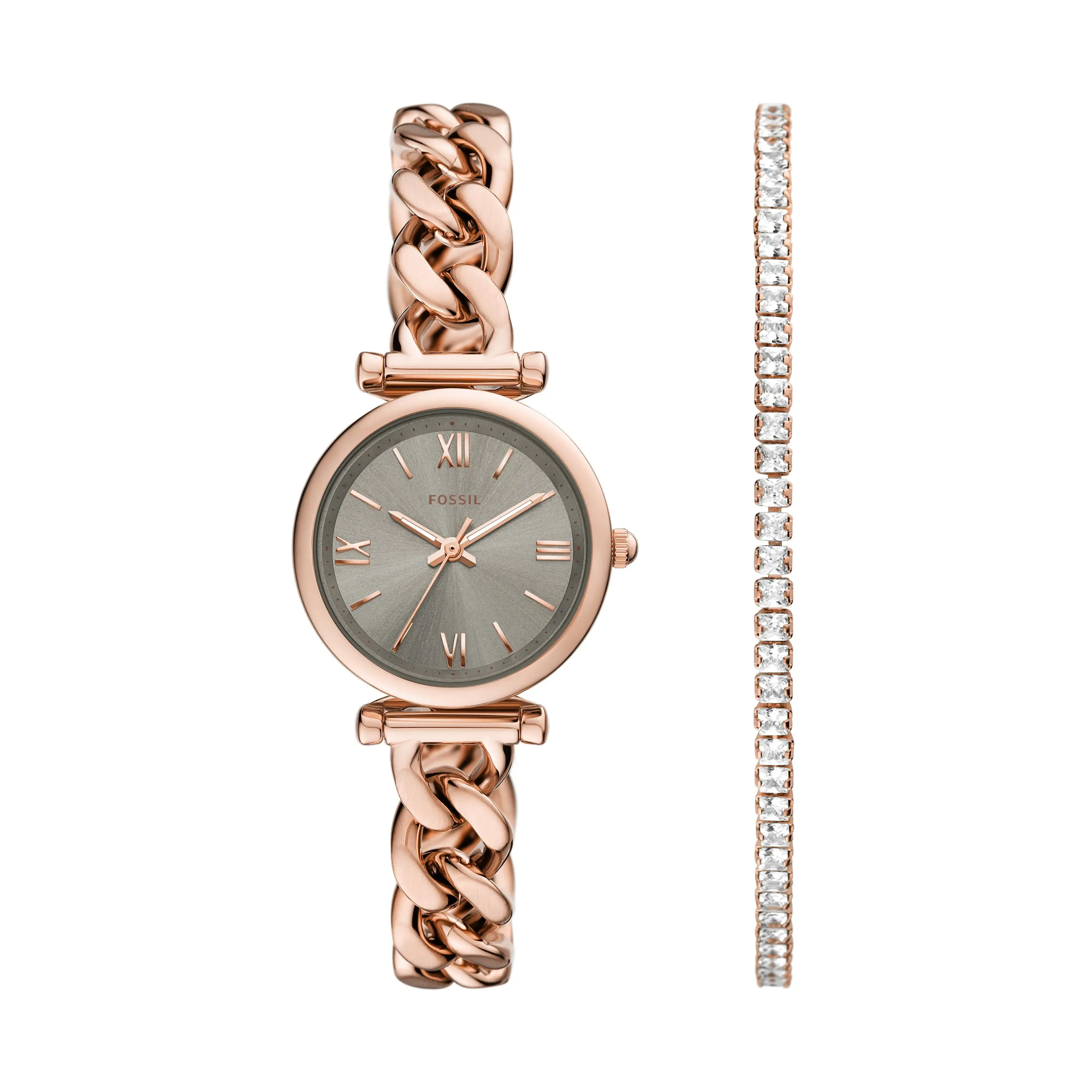Fossil Women's Carlie Mini 28mm Three-Hand, Rose Gold-Tone Stainless Steel Watch and Bracelet Set
